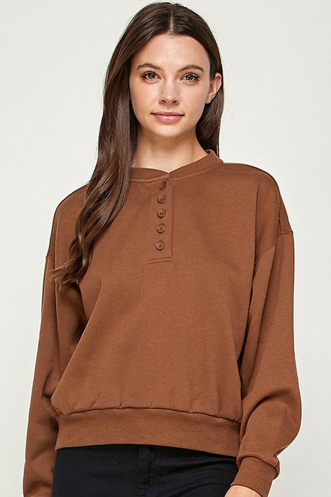 HENLEY FLEECE BUTTON SWEATSHIRT
