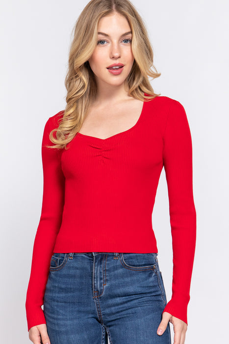 SHIRRING SWEATHEART NECK SWEATER