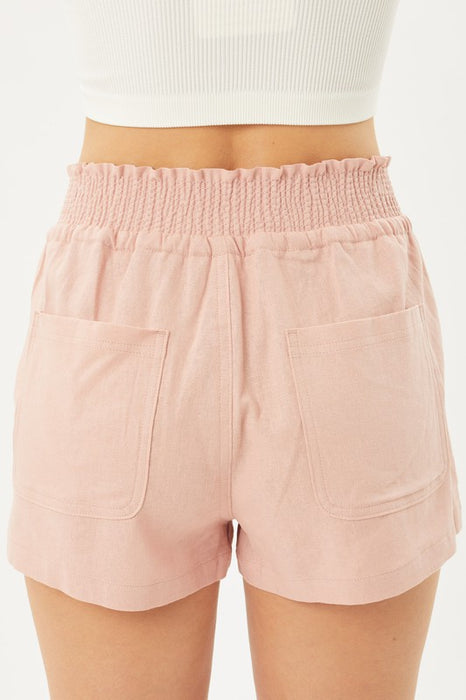 Linen Woven Solid Smocked Waist Shorts