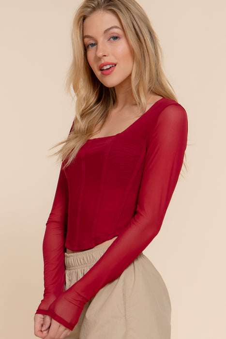 SQUARE NECK CORSET DETAIL MESH TOP