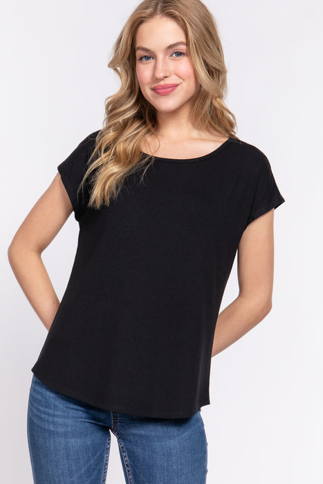 SHORT DOLMAN SLV RIB KNIT TOP