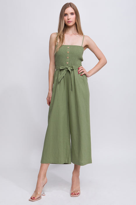 Linen Wide Crop Leg Smocked Top Jumpsuit