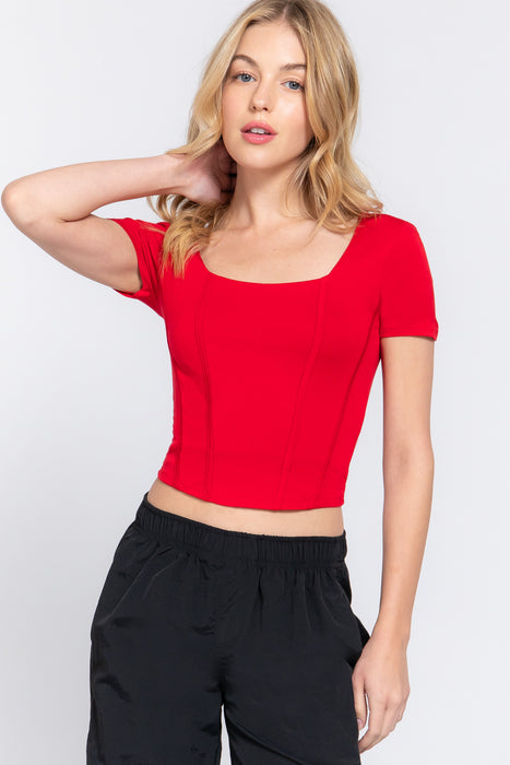 SHORT SLV SQUARE NECK CURVED HEM LINED KNIT TOP