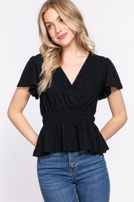 SHORT SLV SURPLICE KNIT TOP