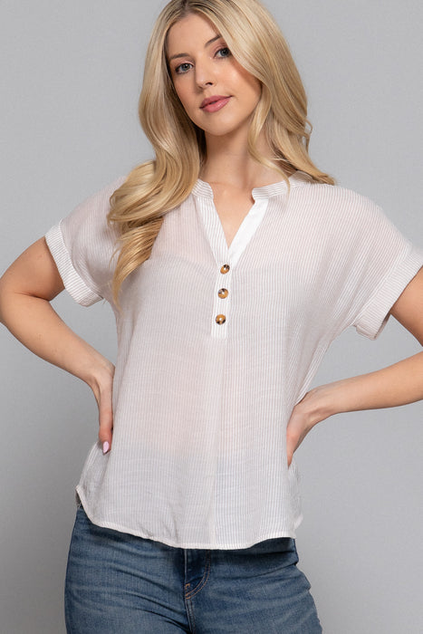 SHORT SLV STRIPE PRINT WOVEN TOP