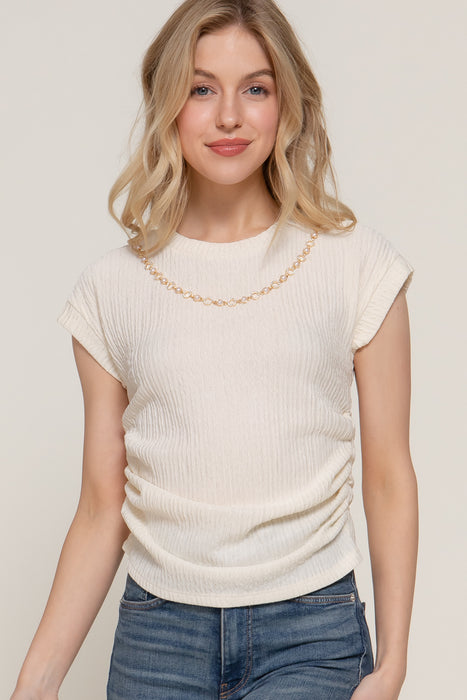 DOLMAN SLV w/NECKLACE SHIRRING KNIT TOP
