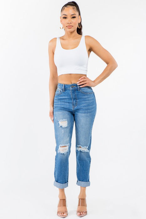 HIGH WAIST DISTRESSED MOM JEANS