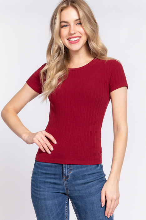 SHORT SLV CREW NECK VARIEGATED RIB KNIT TOP