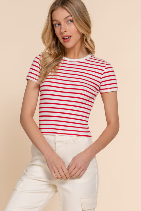 SHORT SLV STRIPE COTTON RIB TOP