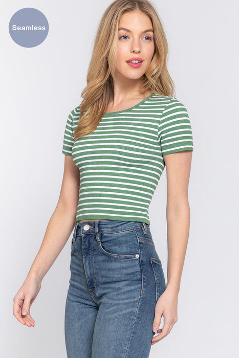 SHORT SLV CREW NECK STRIPE SEAMLESS RIB TOP