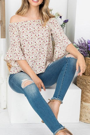 DITZY FLORAL OFF SHOUDLER BELL SLEEVE TOP