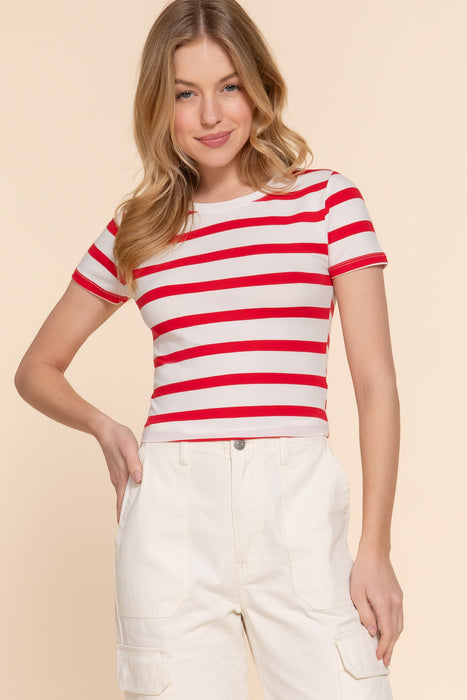 SHORT SLV Y/D STRIPE KNIT CROP TOP