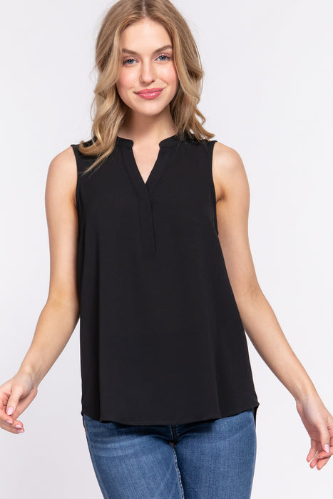 SLEEVELESS HENLEY NECK WOVEN TOP