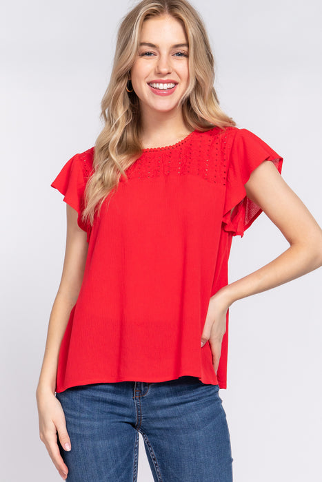 RUFFLE SLV LACE EYELET WOVEN TOP