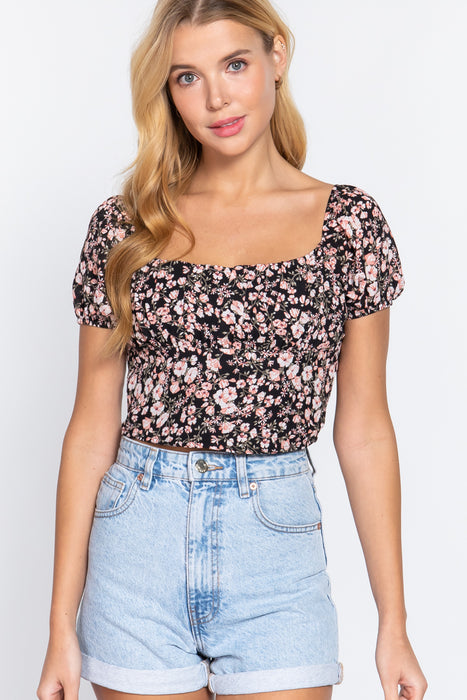 RUCHED OPEN BACK PRINT WOVEN TOP