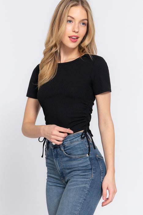 SHORT SLV SIDE RUCHED DETAIL RIB KNIT TOP
