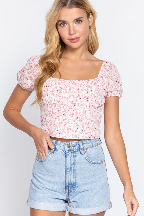 RUCHED OPEN BACK PRINT WOVEN TOP