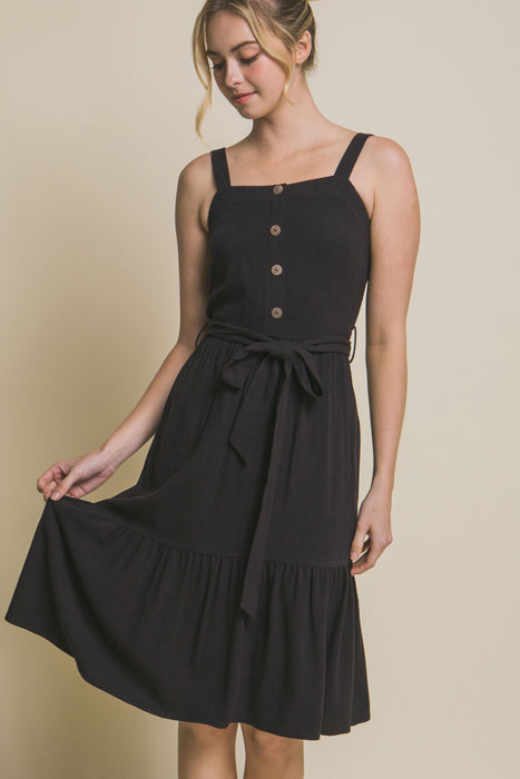 Linen Light Midi Dress with Waist Tie