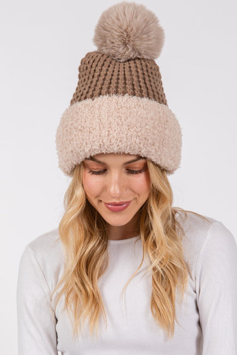 Grid Texture Knitted Pom Pom Beanie