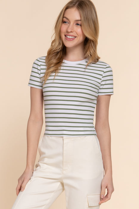 SHORT SLV STRIPE COTTON RIB TOP