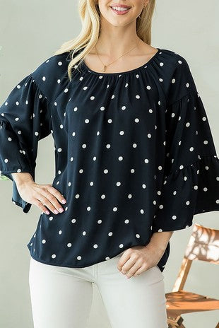 BELL SLEEVE POLKA DOT RUCHED TOP