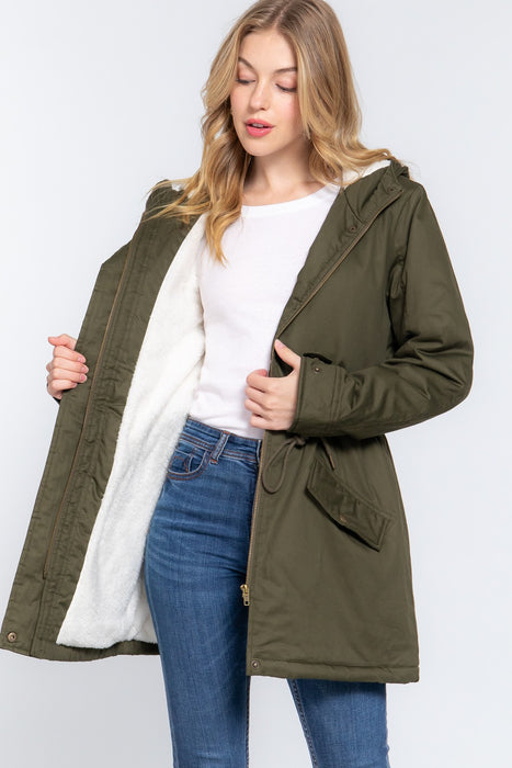 FLEECE LINED FUR HOODIE UTILITY JACKET