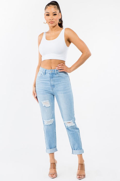 HIGH WAIST DISTRESSED MOM JEANS
