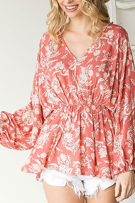 FLORAL PRINT LONG SLEEVE ELASTIC WAIST BLOUSE