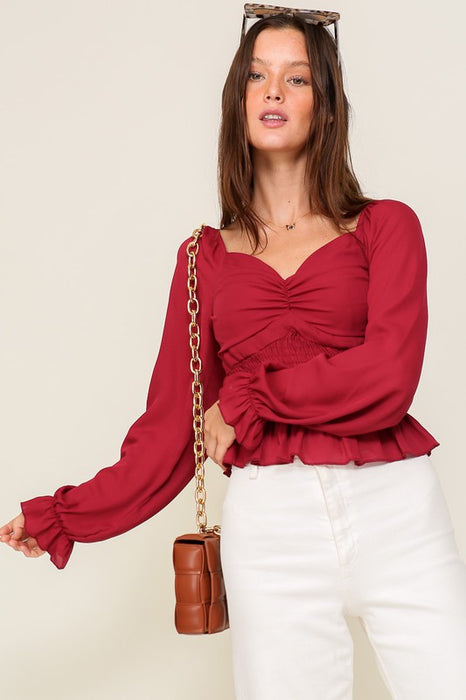 Smocked Long Sleeve Chiffon Top