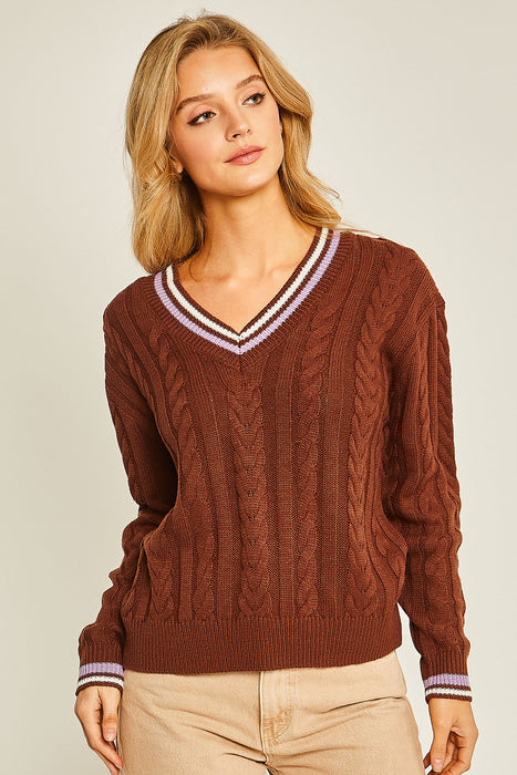 Cable Knit V Neck Sweater