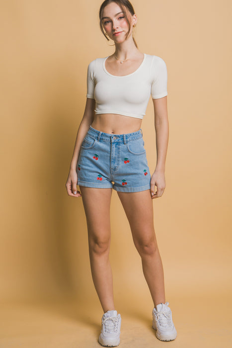 Cherry Embroidered Denim Shorts
