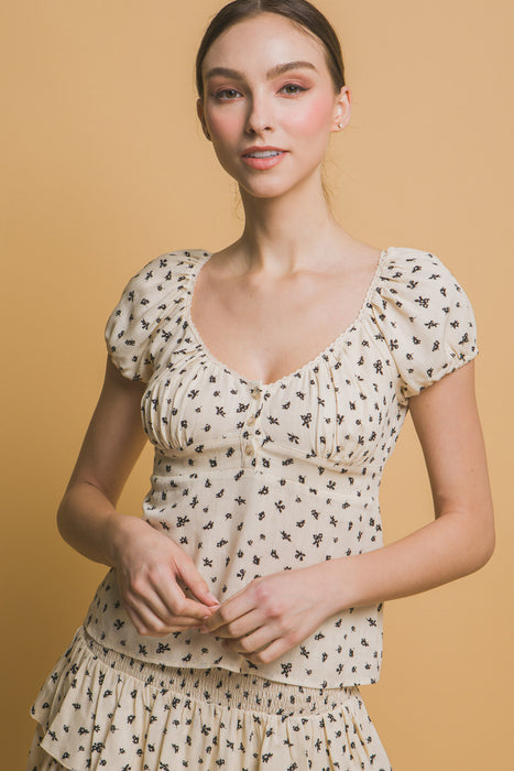 Puff- Sleeve Ditsy Floral Top