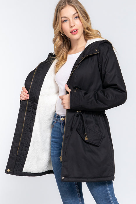 FLEECE LINED FUR HOODIE UTILITY JACKET