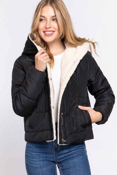 INSIDE FAUX FUR HOODIE PUFFER JACKET