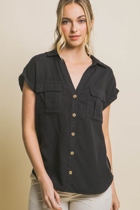 Collared Roll-Cuff Shirt Top