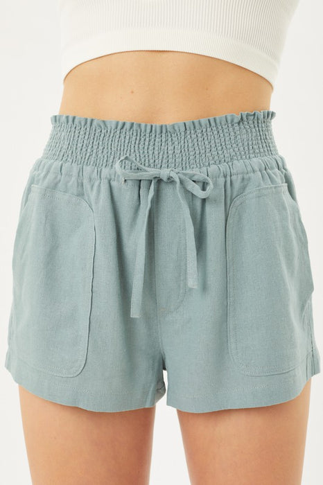 Linen Woven Solid Smocked Waist Shorts