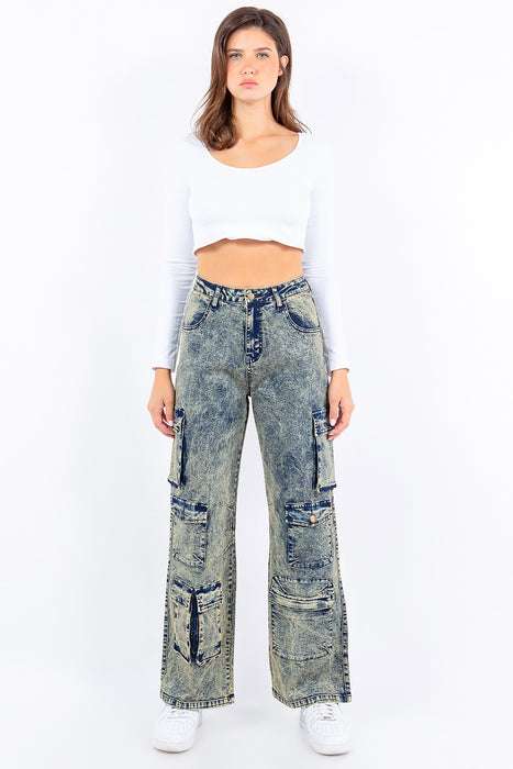 MULTI POCKETS ACID WASH WIDE JEANS