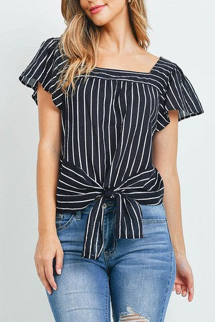 WAIST TIE FLUTTER SLEEVE SQUARE NECK STRIPE TOP