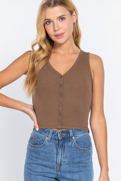 SLVLESS BUTTONED RIB KNIT CARDIGAN