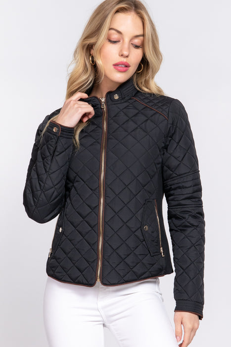 SUEDE PIPING RIB QUILTED PADDING JACKET