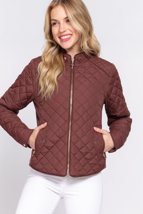 SUEDE PIPING RIB QUILTED PADDING JACKET