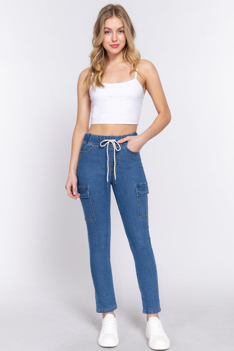 ELASTIC WAIST CARGO DENIM PANTS