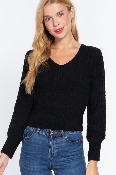 LONG PUFF SLV V-NECK RIB SWEATER