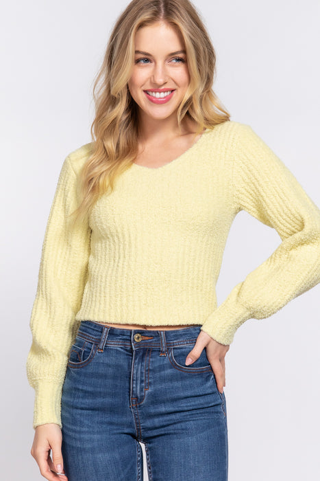 LONG PUFF SLV V-NECK RIB SWEATER