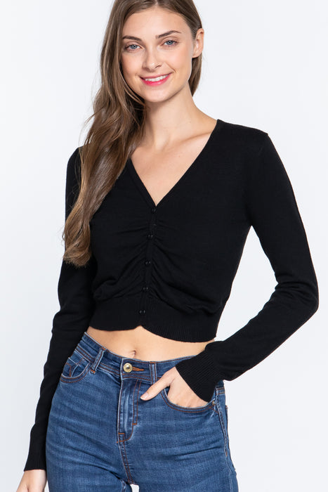 V NECK PLACKET SHIRRING CARDIGAN