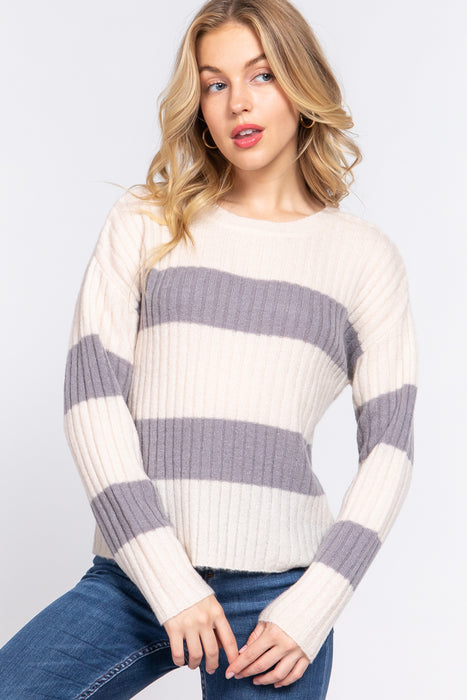 LONG SLV ROUND NECK STRIPE SWEATER