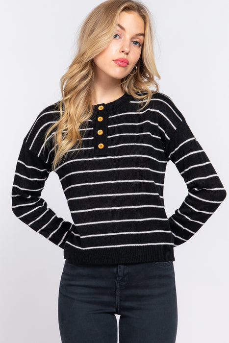 LONG SLV PLACKET STRIPE SWEATER