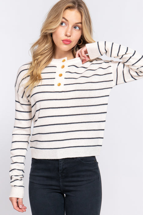 LONG SLV PLACKET STRIPE SWEATER