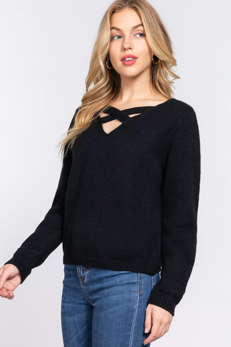 LONG SLV X STRAP V-NECK SWEATER