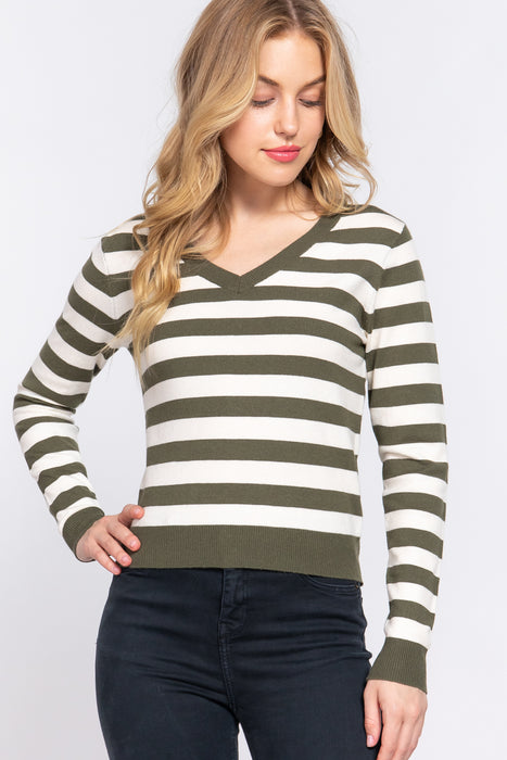 LONG SLV V-NECK STRIPE SWEATER